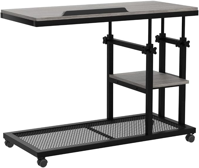 Tribesigns Height Adjustable C Table with Wheels, Mobile Couch Snack Side Table with Tiltable Drawing Board, Sofa Bedside Laptop Stand C Shaped TV Tray with Storage Shelves (Grey) - Image 5