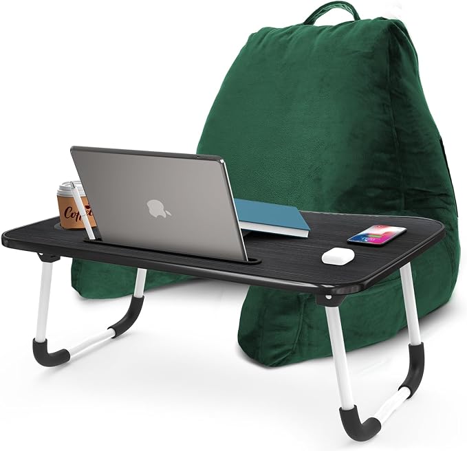 Nestl Reading Pillow with Portable Laptop Lap Desk - Shredded Memory Foam Back Support Pillow for Sitting Up in Bed and Couch Rest Pillows with Arms, Bed Tray Table with Foldable Legs, Dark Green by Nestl