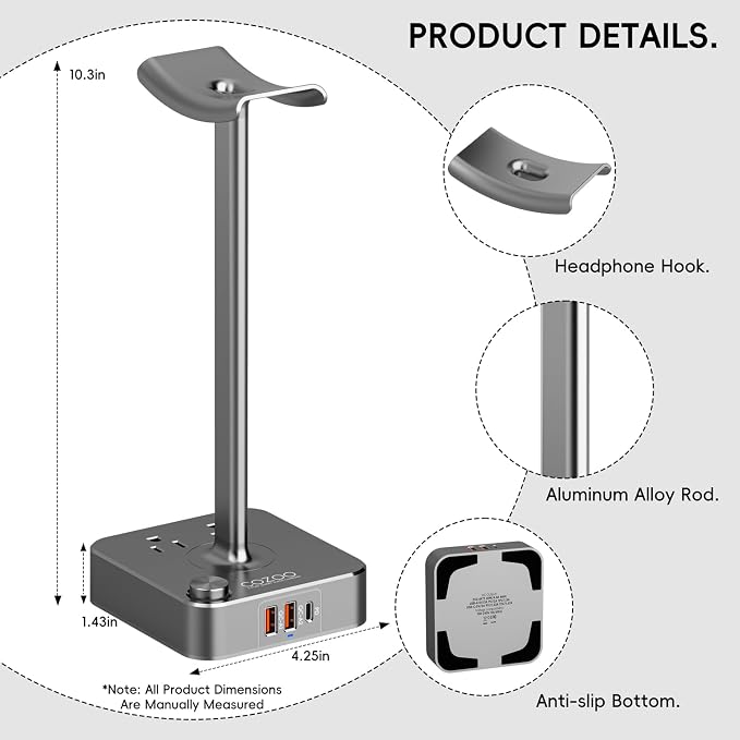 cozoo Headphone Stand with Charger, USB C, Gifts for Gamers Men, Gray | Gaming Headset Stand Holder for Desk, 3 USB(1 USB C) and 2 AC Outlets Charging Ports, Headphone Hanger, Gamer Gifts for Men - Image 9