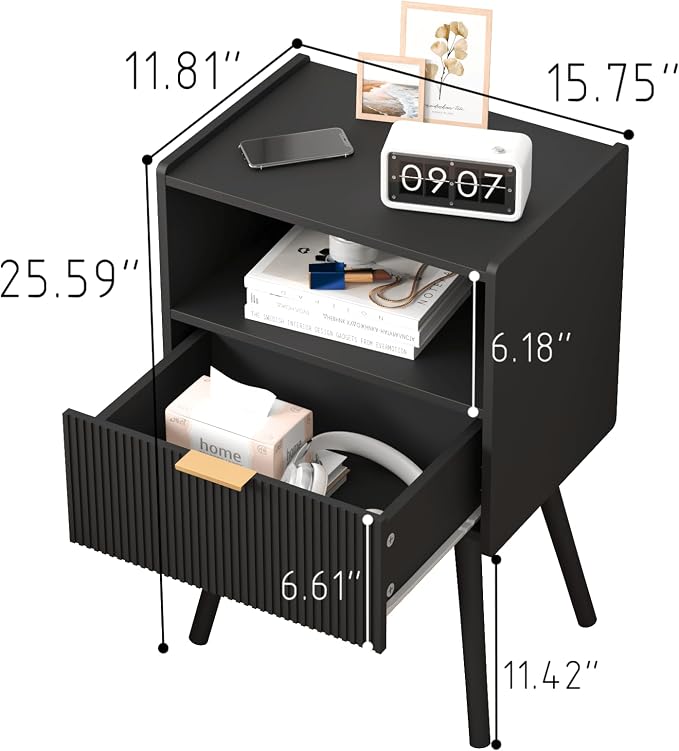 JOONEE Black Nightstand,Modern Bedside Table with Storage Drawer and Open Wood Shelf, for Living Room, Bedroom and Small Spaces, Accent Night Stand with Solid Wood Legs, Easy Assembly,Classic Black - Image 2