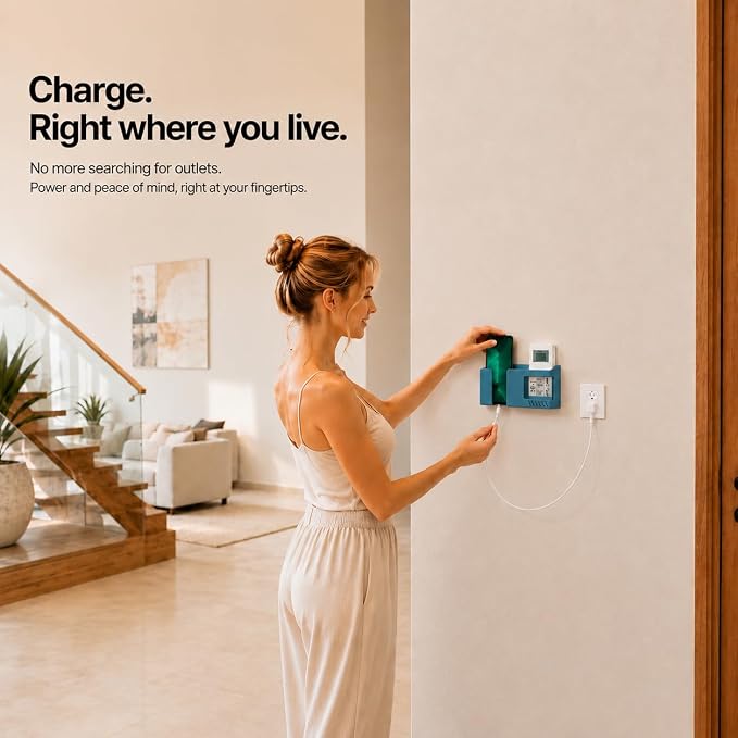 Strong Adhesive Wall Mount Phone Holder D3 Punch-Free Bedside Phone Shelf with Charging Port, Sticky Remote Control Storage Box, Bathroom & Kitchen Wall Organizer (2 Pack-Blue) - Image 2