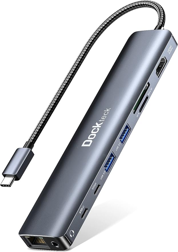 dockteck USB-C Hub 9-in-1, 4K HDMI 60Hz, Gigabit Ethernet, 100W Power Delivery, Audio Jack, 2 USB-A Ports 5Gbps, SD TF Card Reader for MacBook iPad XPS Microsoft by Dockteck