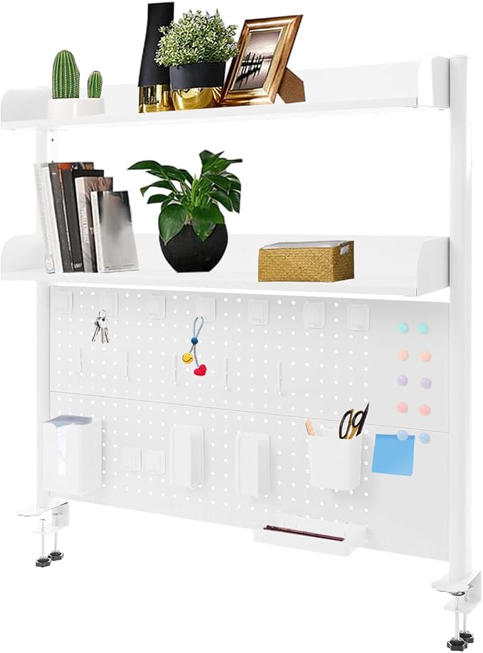 Clamp on Desk Pegboard, 39.4" W x 37.4" H Desk Extender Pegboard Bookshelf Computer Desk Accessories with Shelf for Tool Organizer Office, Privacy Panel for Gaming Desk, White by Lemoeyes