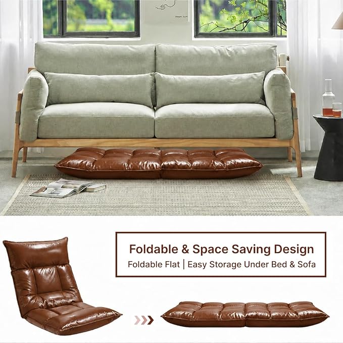Floor Chair with Back Support, 42-Position Adjustable Gaming Chair for Adults, Faux Leather Floor Lounger, Reading Chairs with Neck Support, Foldable Floor Seat for Sleeping, Gaming (Brown) - Image 7