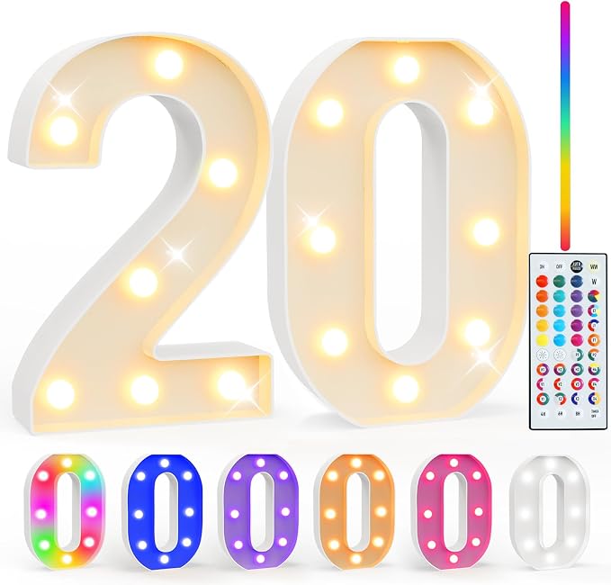 Pooqla 20th Birthday Decorations for Her Him, 35 Colors LED Light Up Numbers with Remote, Multicolor Marquee Numbers 20 Sign for Party Wedding Anniversary Decor 20th Birthday Gift, Number 20 by Pooqla