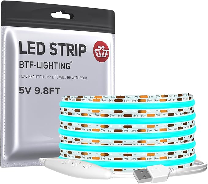 BTF-LIGHTING 5V USB COB LED Strip Lights 9.8FT Ice Blue Color for TV by BTF-LIGHTING
