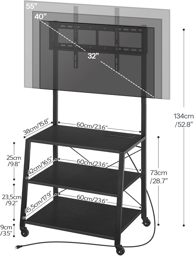HOOBRO Rolling TV Stand with Mount and Power Outlet Up to 55 inch TVs, Corner Entertainment Center, Small TV Stand with 3-Tier Storage Shelves for Living Room, Bedroom, Black BB66UDS01 - Image 3