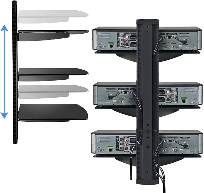 DVD Floating Shelf, Glass TV Wall Mount with Shelf for DVD Player / PS4 / Cable Boxes / Game Consoles / Sky Box / TV Accessories, Media Shelf, Flat Black Wall Mount Bracket, AV Shelves, 3 Tiers CS303B - Image 4