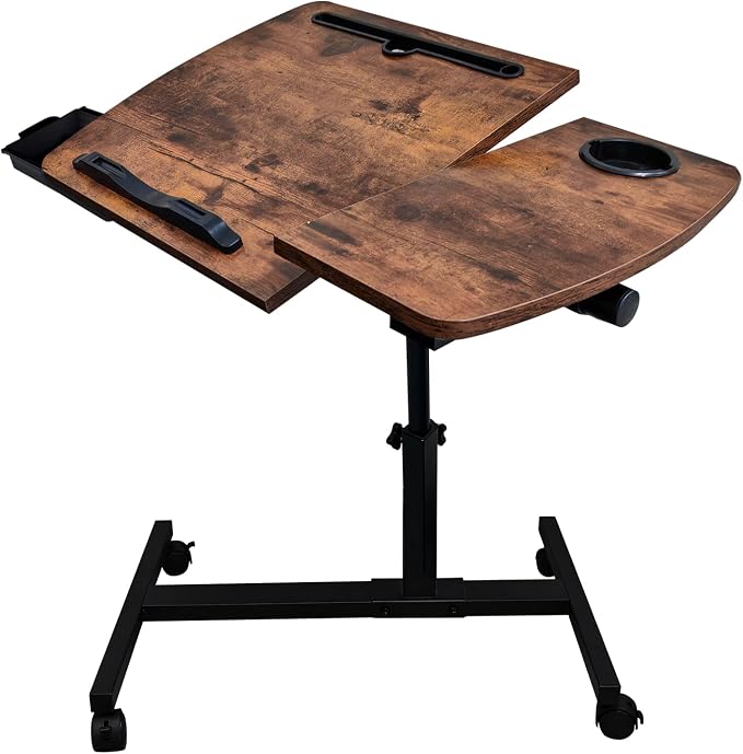 Overbed Table Height Adjustable Bedside Table Hospital Bed Table with 2 Tilting Desktops Mobile Laptop Desk with 2 Tilting Desktops Cup Holder Drawer for Office Home and Hospital by KUKKUME
