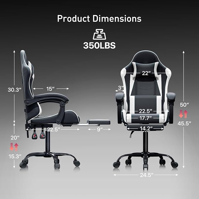 MoNiBloom Gaming Chair, Footrest & Lumbar Support, Height Adjust, White | Headrest & Lumbar Support, Ergonomic Computer chair, for Adult Teen Office or Gaming,Swivel game chair, leather gaming chair - Image 3