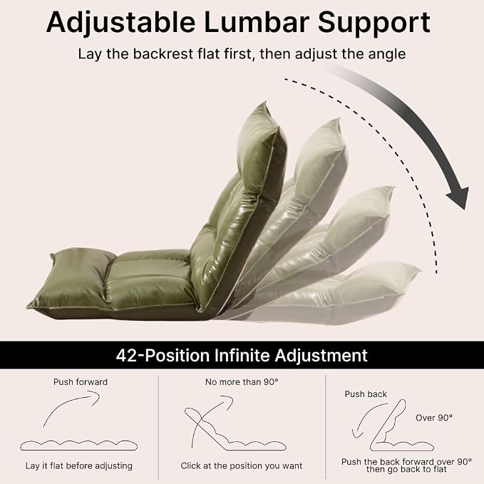 Floor Chair with Back Support, 42-Position Adjustable Gaming Chair for Adults, Faux Leather Floor Lounger, Reading Chairs with Neck Support, Foldable Floor Seat for Sleeping (Green Black) - Image 4