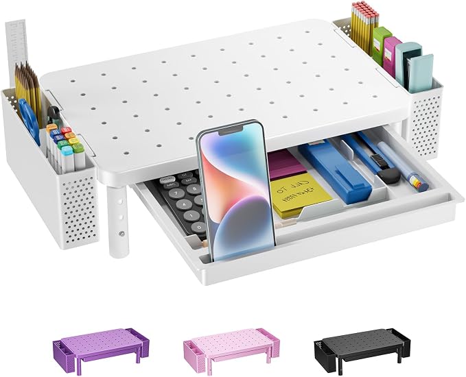 WALI Computer Monitor Stand with Storage and Pen Holder | 3 Height Adjustable Desk Organizer with Drawer, Desk Laptop Monitor Riser for Computer, Printer(PTT003-W), 1 Pack, White by WALI