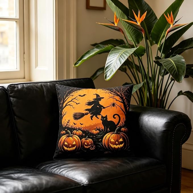 Halloween Throw Pillow Covers, Witch and Black Cat Design, Linen, 18x18 Inch, Set of 2, Invisible Zipper, Indoor Living Room Decor - Image 2