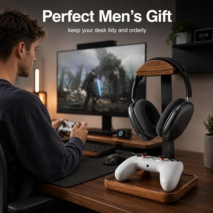 GEVO Headphone Stand, Walnut Wood Headset Stand with Controller Holder, Headphones Holder for Gaming, Office and Desk Compatible with AirPods Max, Bose, Sennheiser, Corsair - Image 3