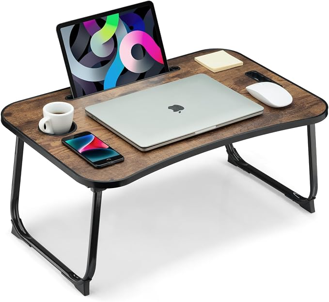 Foldable Lap Desk, Laptop Bed Desk, Portable Lap Table, Laptop Bed Table with Cup Holder & Tablet Slot & Lifting Handle for Working Writing Drawing & Eating - Brown by VIFOCAE