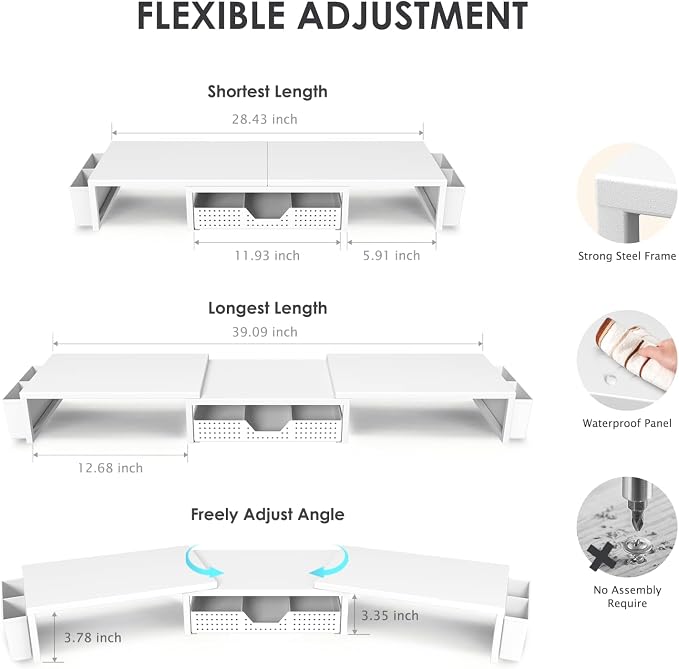 OPNICE Desk Organizers and Accessories, Dual Monitor Stand Riser with Drawer and 2 Pen Holders, Desk Shelf Computer Racks for Office Workspace Organizers, Desktop Organization (White) - Image 3