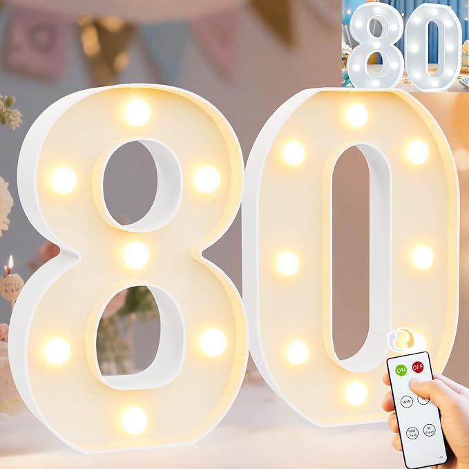 Pooqla 80th Birthday Decorations for Women Men, Decorative Marquee Numbers with Remote, Light Up 80 Sign for Party Backdrop 80th Wedding Anniversary Decor, Warm White and Cool White Number 80 by Pooqla