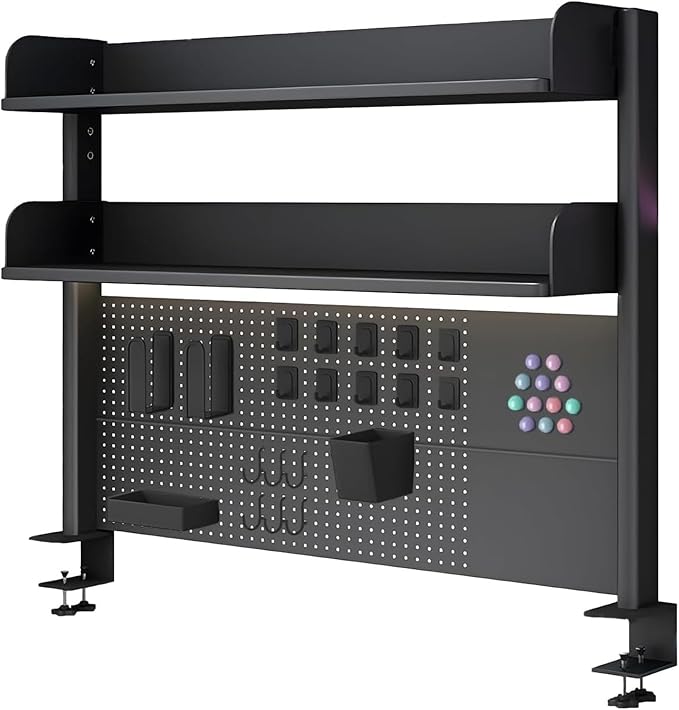 Pegboard with Dual Monitor Stand, Steel Pegboard for Desk, Computer Accessories for Office, Clamp on Desk Organizer Shelf, BLACK Desk Extender Workstation, Privacy Panel for Gaming Desk(31.5") by Unknown