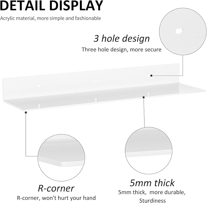 Sezanrpt 24 Inches Acrylic Wall Shelves 2 Pack, Floating Shelf for Wall Mounting, Acrylic Display Ledges for Funko Pop Figures, Home Décor, Living Room, Gaming Room, Plants(24 inch, White) - Image 4