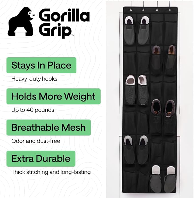 GORILLA GRIP Over the Door Shoe Organizer, 24 Large Pockets, Black - Image 2