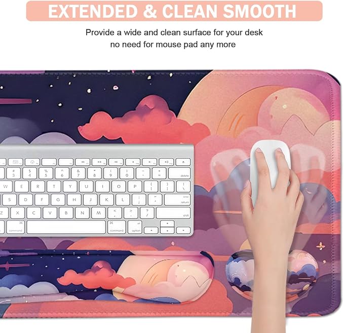Large Mouse Pad Set, Cute Extended Mouse Pad+Keyboard Wrist Rest Support Desk Pad Memory Foam Ergonomic Easy Typing, 35.4×15.7 in Desk Mat Set for Home Office Study Game - Cloud - Image 3