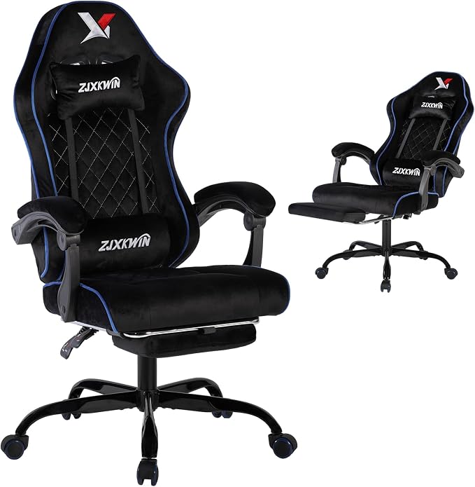 Velvet Gaming Chair, Ergonomic High Back Racing Chair with Footrest, Spring Wide Cushion, Adjustable Headrest & Lumbar Support, 90-135° Recline, 360° Swivel, 300lbs for Home Office, Blue by Unknown