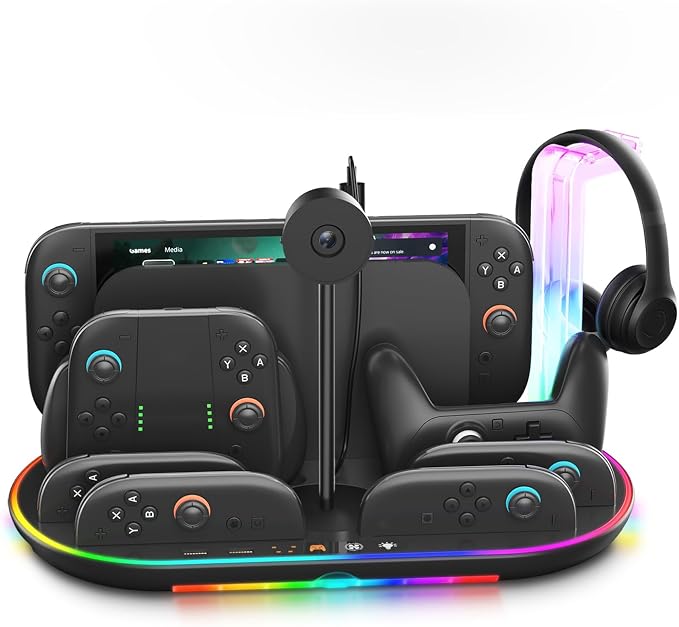 Charging Station for Switch 2 with Cooling Fan DOBEWINGDELOU Controller Charger for JoyCons and Pro Dock Stand with RGB Light 2 USB Ports 7 Game Card Slots LED Indicators by Dobewingdelou