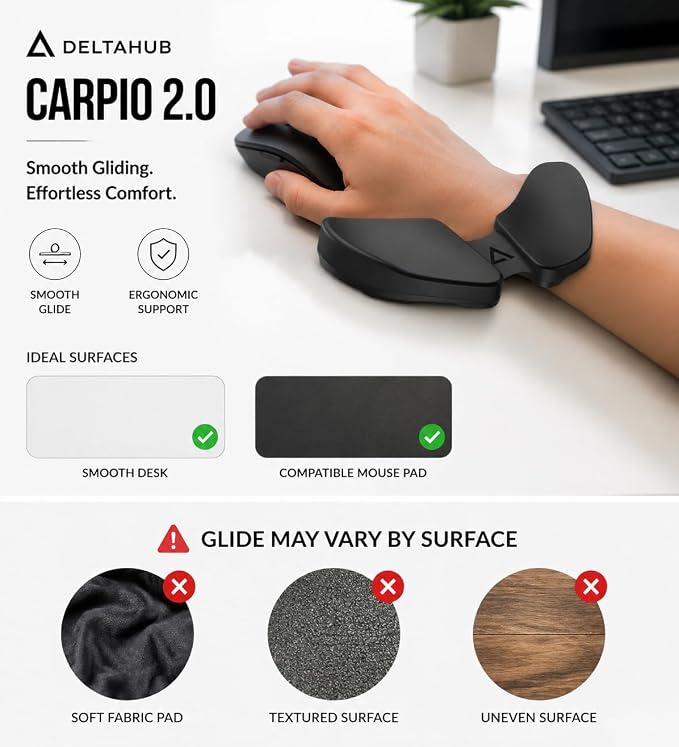 DELTAHUB Carpio 2.0 - Right-Handed Truly Ergonomic Wrist Rest for Mouse, Carpal Tunnel Support, Pain Relief, Anti-Fatigue, Easy Glide, Sleek, Office, Computer, Laptop, Gaming - Large, Black - Image 2