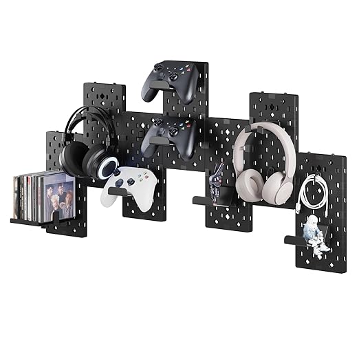PEGZONE Controller and Headphone Holder Wall Mount, 7pcs, Black | Modular Gaming Pegboard with Accessories, Controller Stand, Disc Shelf Organizer by Pegzone