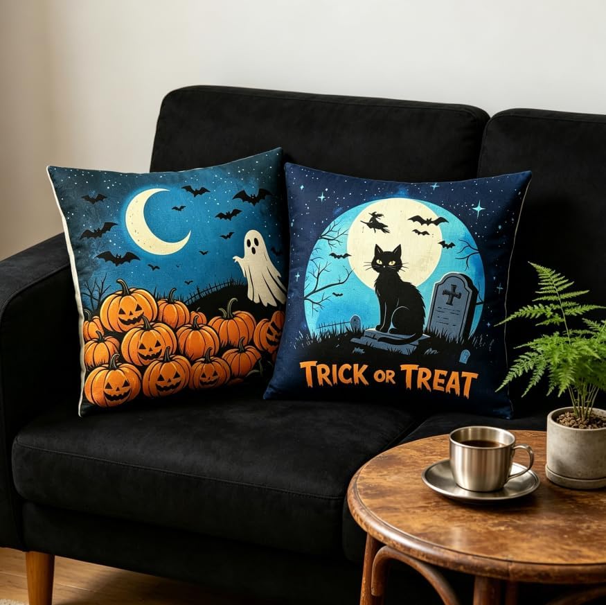 Halloween Throw Pillow Covers, Linen, 18x18 Inch, Set of 2, Pumpkin and Black Cat Trick or Treat Design, Machine Washable - Image 3