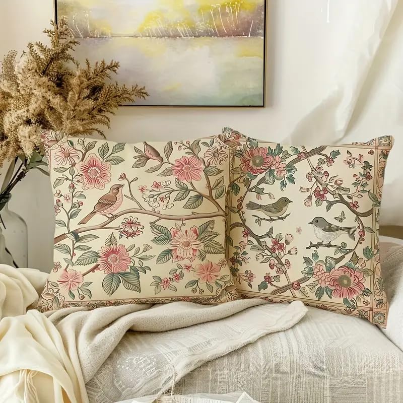 Vintage Floral Bird Print Decorative Throw Pillow Covers, Beige with Pink Flowers and Green Leaves, Traditional Garden Design, 2-Pack， 18x18 Pillows Linen Pillowcase - Image 2