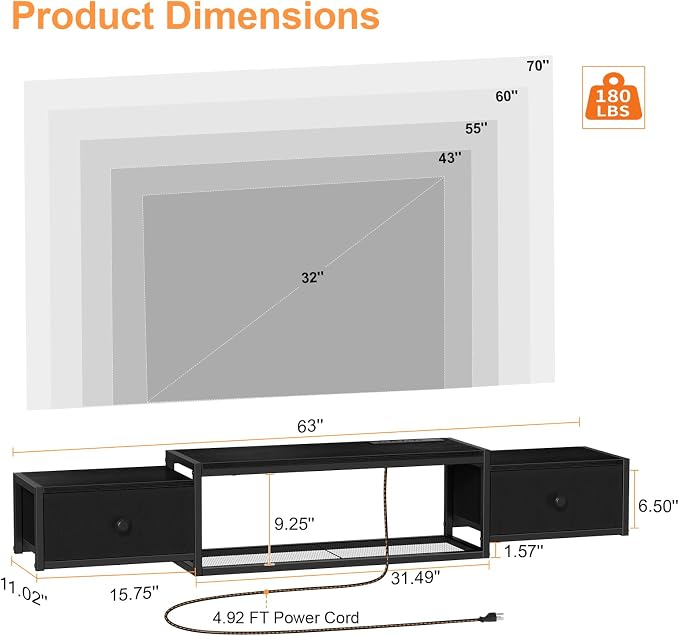Snughome 63" Floating TV Stand, Floating TV Shelf with Power Outlets - Image 3