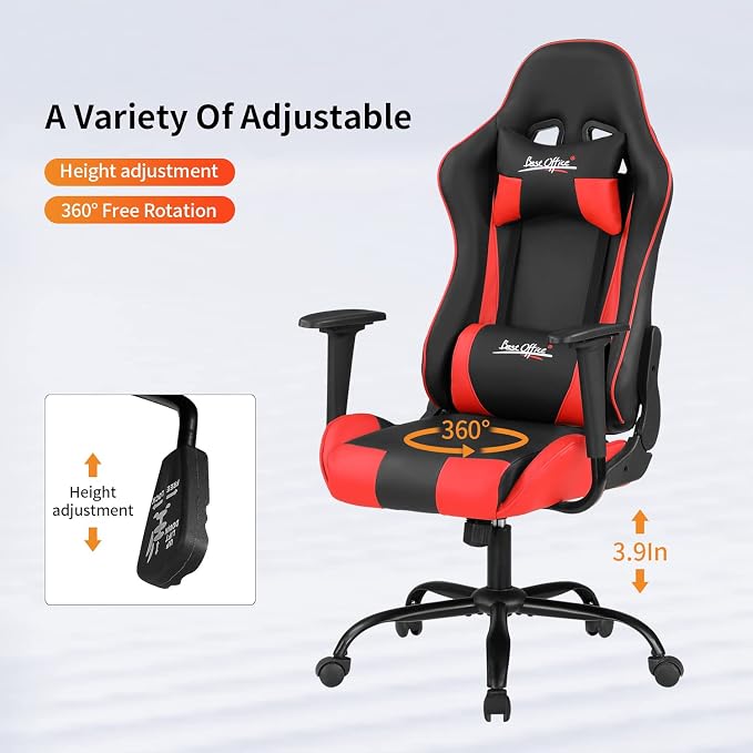 Gaming Chair Office Chair Desk Chair with Lumbar Support Headrest Armrest Task Rolling Swivel Ergonomic E-Sports Adjustable PC Gamer Chair (Red) - Image 8