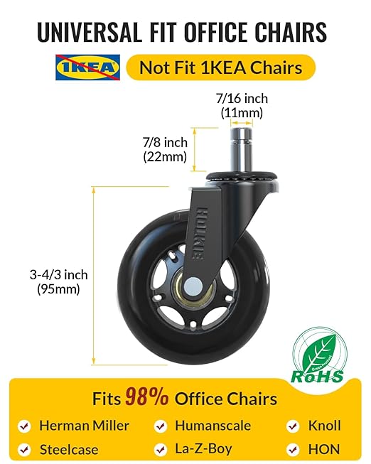 HOLKIE Office Chair Wheels Roller Blade Caster 11x22mm All Black 3 Inch Chair Wheels for Office Rubber Rolling Set of 15 for Carpet Hardwood Floors Gaming Smooth & Silence Gliding - Image 2
