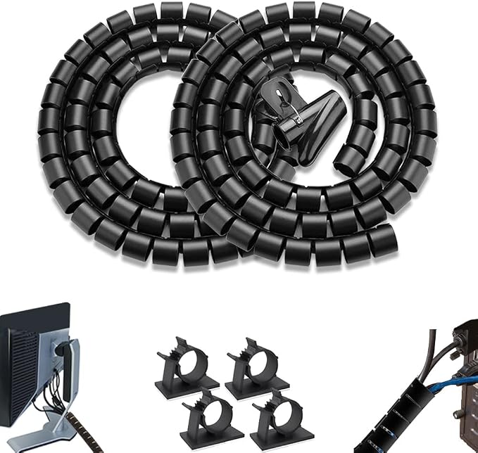 PC Cable Management Sleeve Tube Desk Cord Organizer 2 PCS Black, 7/8 inch -5 ft Cover Wrap Easy to Install Messy Wire Solution for TV Office Computer, Pet Chew and Bite Proof Cable Protector by FANOSHONOFFICIAL