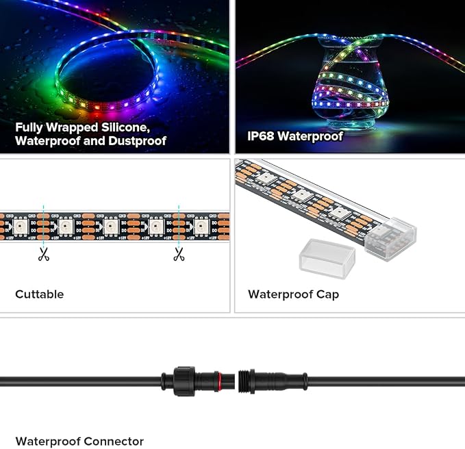 BTF-LIGHTING IP68 Waterproof WS2815 RGB LED Strip DC12V 16.4ft 300Pixel - Image 4