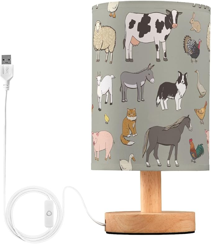 Bedside Table Lamp Farm Animals Nightstand Lamp with Wood Cows Sheep Pig Fox Chicken Duck Dog Rabbit Desk Lamps for Bedroom Living Room Nursery Office Home Decor by Oarencol