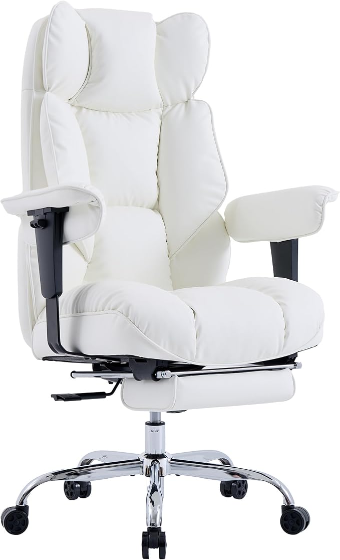 Efomao Executive Office Chair 400lbs,White Big and Tall Desk Chair | Mattress-grade pocket spring cushion, sleek leather, 135° recline & footrest for computer gaming setup. by OFFICECHAIR