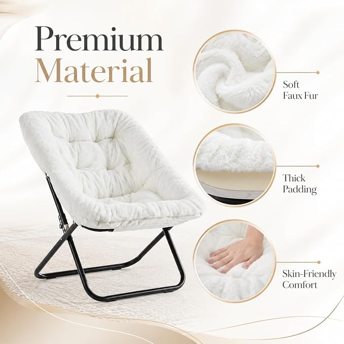 Simple Deluxe Oversized Square Moon Chair for Adults, Soft Faux Fur Folding Lounge Chair with Sturdy Steel Frame, Comfortable Reading Gaming Chair for Living Room, Bedroom, White - Image 4