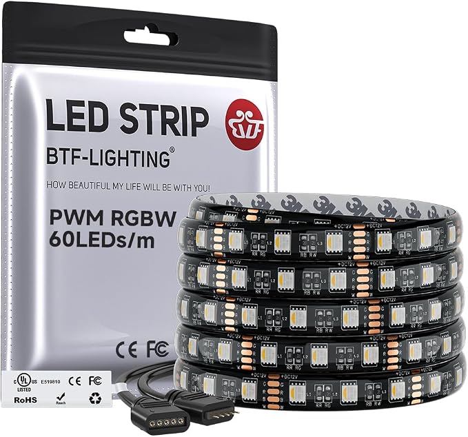 BTF-LIGHTING RGBW LED Strip Warm White 16.4ft 60LED DC12V UL Listed IP65 by BTF-LIGHTING