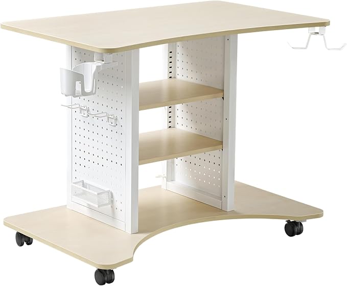 EUREKA ERGONOMIC Gaming Desk Computer, 37" Rolling Desk on Wheels for Small Space, Mobile Computer Cart with Pegboards Adjustable Shelves for Gaming PS Switch, Craft Station, Home Office - Maple by EUREKAERGONOMIC