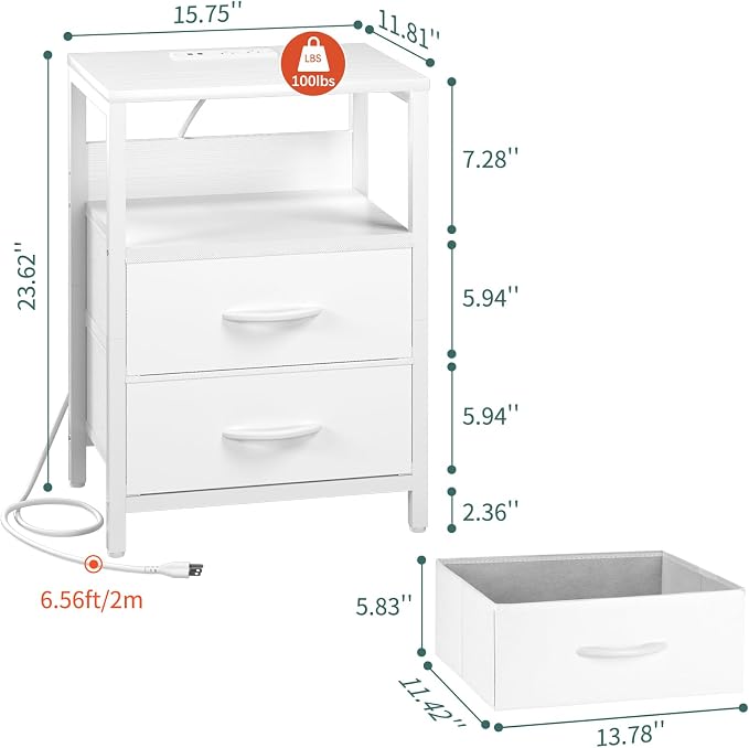 Yoobure Nightstand with Charging Station, Small Night Stand with Fabric Drawers and Storage Shelf for Bedrooms, Nightstands for Small Spaces, Bedside Table with USB Ports & Outlets, Bed Side Table - Image 3