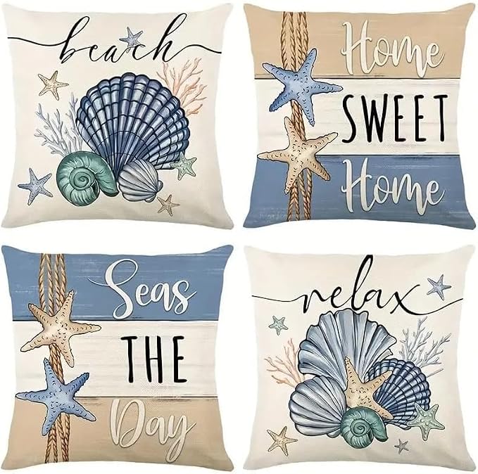 Beach Theme Throw Pillow Covers, 18x18 inches, Set of 4, Coastal Seashell and Starfish Design, Decorative Linen Cases for Living Room by Unknown