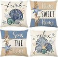 Beach Theme Throw Pillow Covers, 18x18 inches, Set of 4, Coastal Seashell and Starfish Design, Decorative Linen Cases for Living Room by Unknown