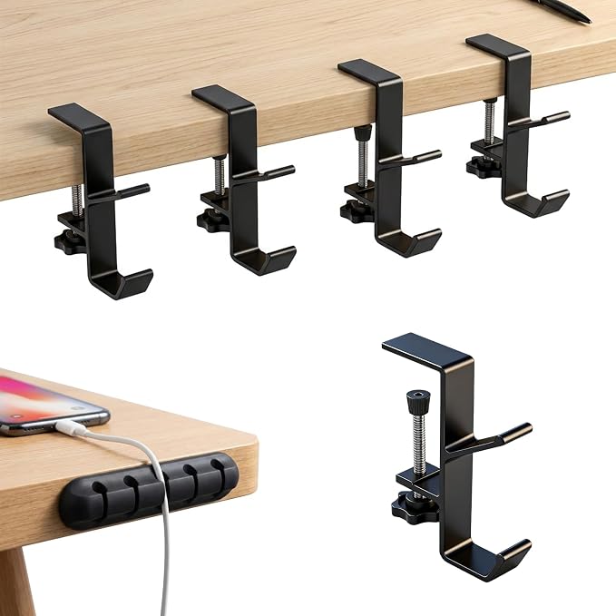 4 Pcs Under Headset Stand - Aluminum Alloy Headphone Holder for Desk | PC Gaming Headset Hanger Hook Suitable for Office,Computer, Class Desk, Handmade Creator Table, With 1 Cord Organizer, Black by Unknown