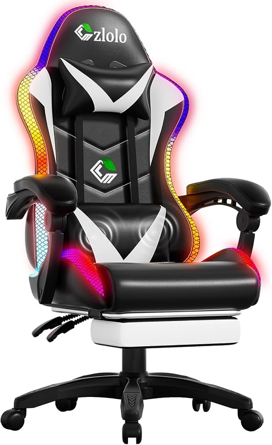 Czlolo Gaming Chair, Racing Style RGB LED Lights Gaming Chairs for Adults and Kids, Lumbar Massager Gamer Chair, High Back Reclining Computer Chair with Footrest and Headrest (Black/White) by GamersChoice