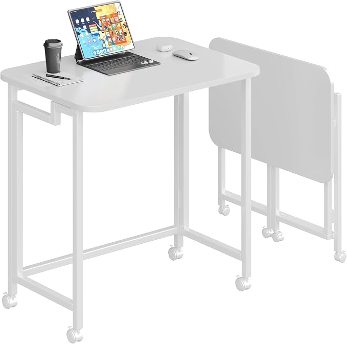 JSB Folding Desk for Small Spaces,Mobile Portable Rolling Laptop PC Table on Wheels,Foldable Computer Desk for Home Office,Bedroom,Dorm,Space Saving (All White, 23.6") by HomeFurniture