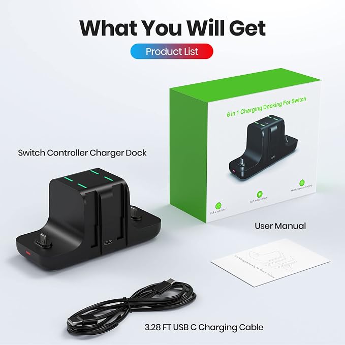 NEWDERY 6-in-1 Charger Dock for Nintendo Switch Pro Controller and Joy con - Image 7