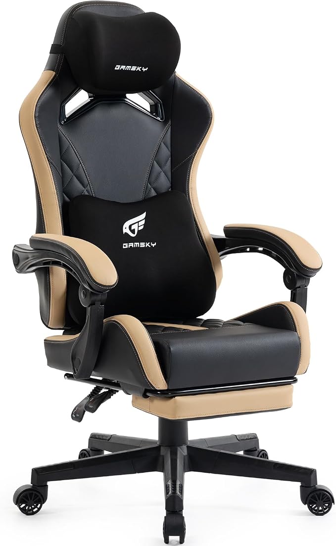 Ergonomic Gaming Chair for Adults with Footrest - PU Leather Computer Gamer Chair with Memory Foam Headrest & Lumbar Pillow, Reclining Silla Gamer Video Game Chair for Home Office, Black & Yellow by Gamsky