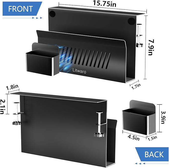 Litwaro Desk Side Storage Organizer, No Drill Laptop Holder Clamp on Desk Shelf with Magnetic Pen Holder, Hanging Organizer Fits Flat Edge Desks 0.4" to 2.1" (Black) - Image 2